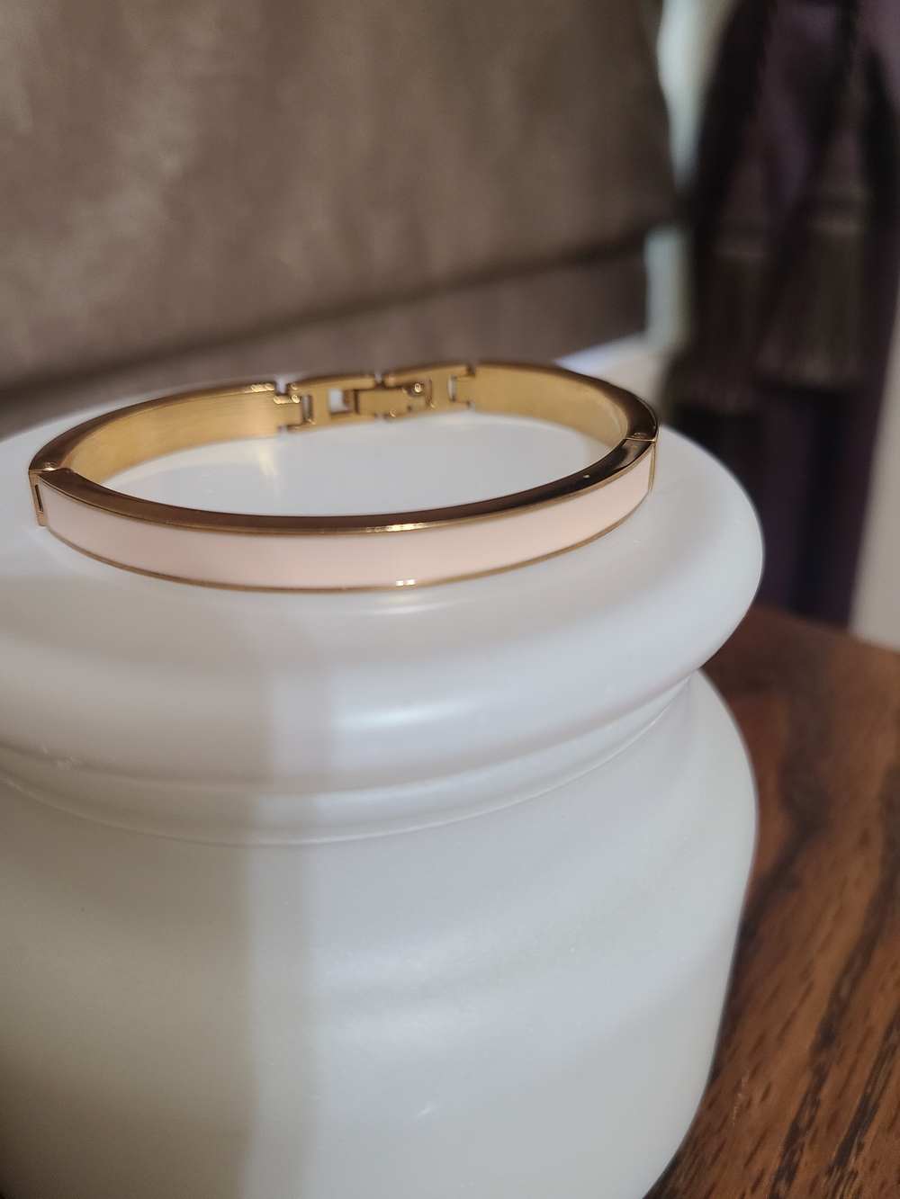 Anne Klein Gold Tone and Cream Enamel Hinged Bangle Bracelet -